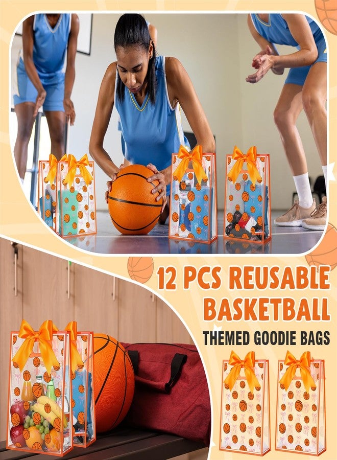 giftlyze 12 Pcs Basketball Clear Goodie Bag with Die Cut Handles and Ribbons Sport Theme Party Favor Bags for Basketball Team Snack Wrapping Teamer Gifts Birthday Party Treats Supplies, 7x10x3.15 Inch - Image 3